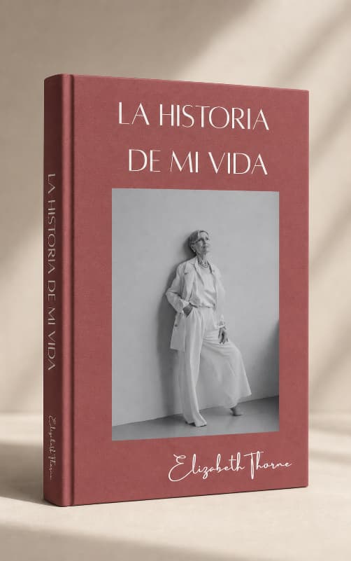 Libro «La historia de mi vida» en tapa dura granate, con un retrato en blanco y negro y la firma manuscrita