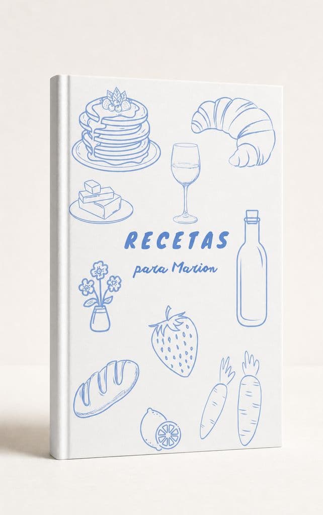 Recetario «Recetas para Marion» en tapa dura blanca, con ilustraciones de cocina dibujadas en azul