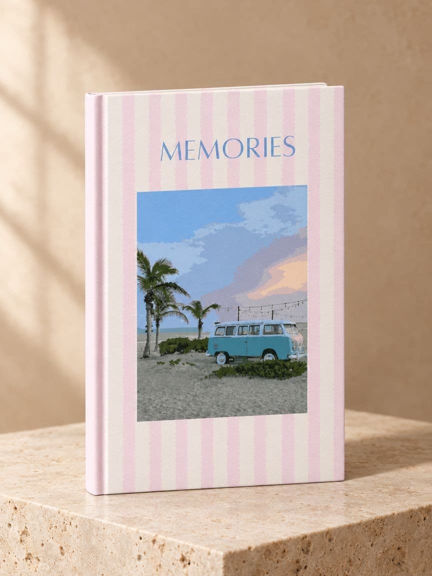 Álbum de viaje «Memories» con tapa de rayas rosas y una furgoneta azul junto a las palmeras